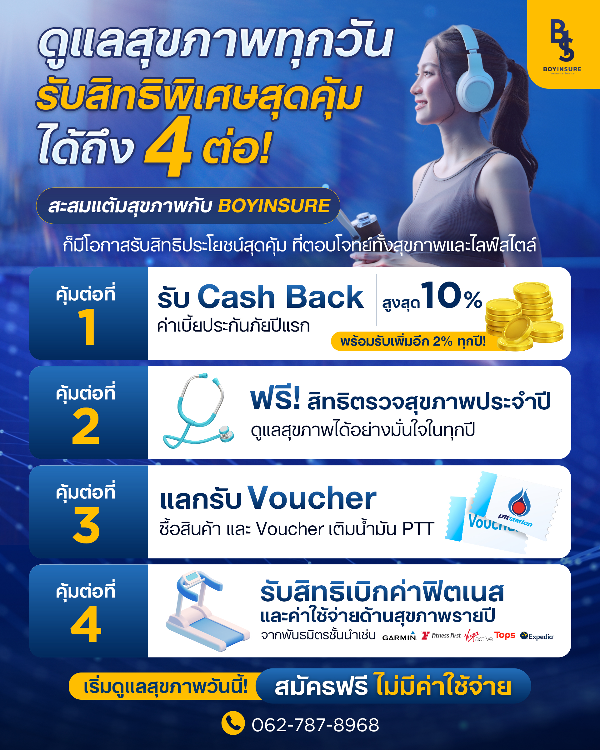 ดูแลสุขภาพทุกวัน รับสิทธิพิเศษสุดคุ้ม 4 ต่อ กับ BOYINSURE